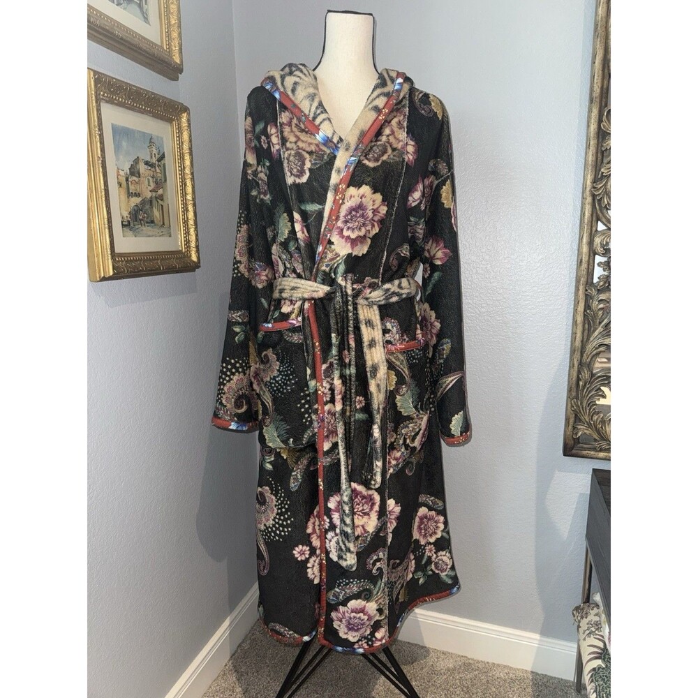 Johnny Was Aditi Robe Reversible Leopard L/XL Cozy Plush Boho Floral Girls Trip - Picture 2 of 16